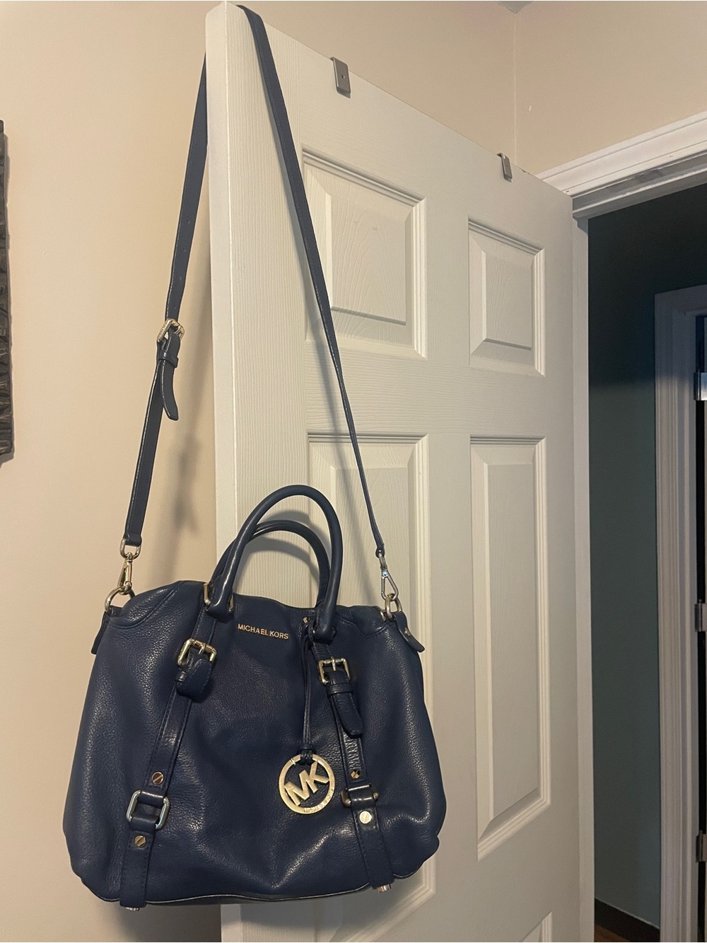Michael Kors Navy Leather Shoulder Bag with Gold Accent Charm